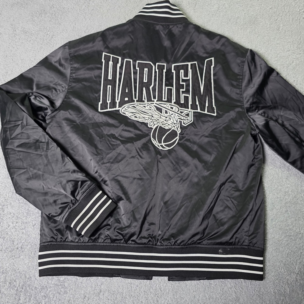 H&M Mens S Bomber Jacket Black Harlem Basketball Satin Snap Front Graphic
